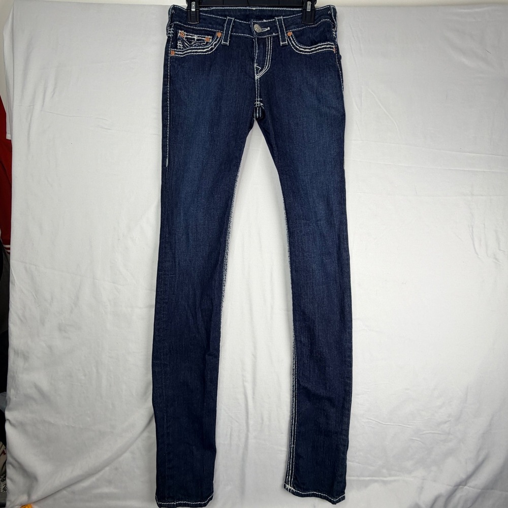 True Religion Super T Skinny Jeans Dark Wash White Stitch Made in USA Size 28